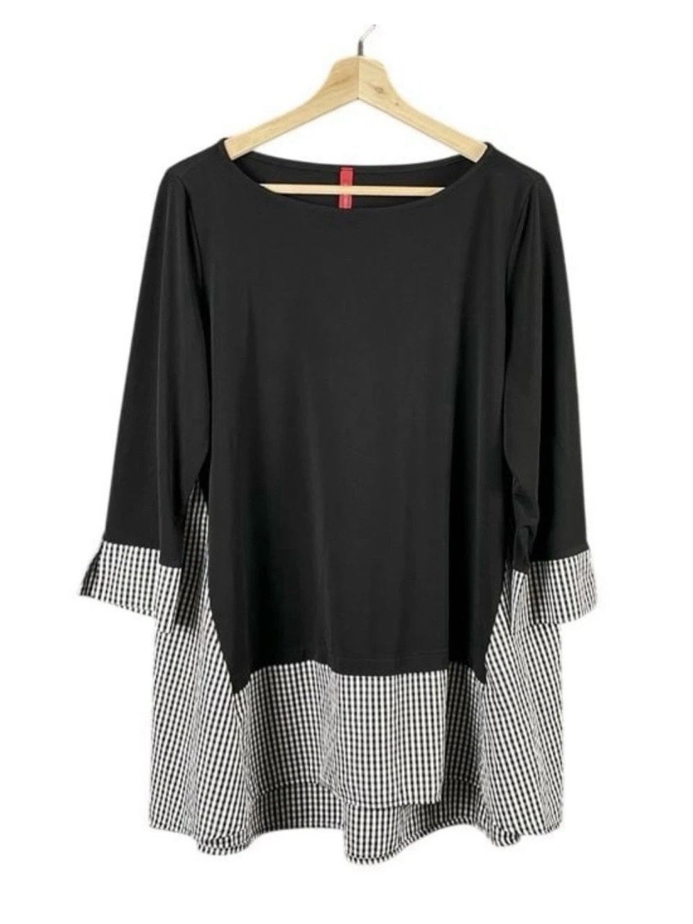 IC by Connie K Large Versatile Black Tunic Contrasting Gingham Artsy Blouse